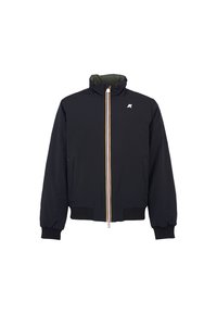 Giacca bomber nera con colletto alto, chiusura con zip, due tasche laterali e polsini a costine. Presenta una zip a strisce colorate e un logo sul petto.