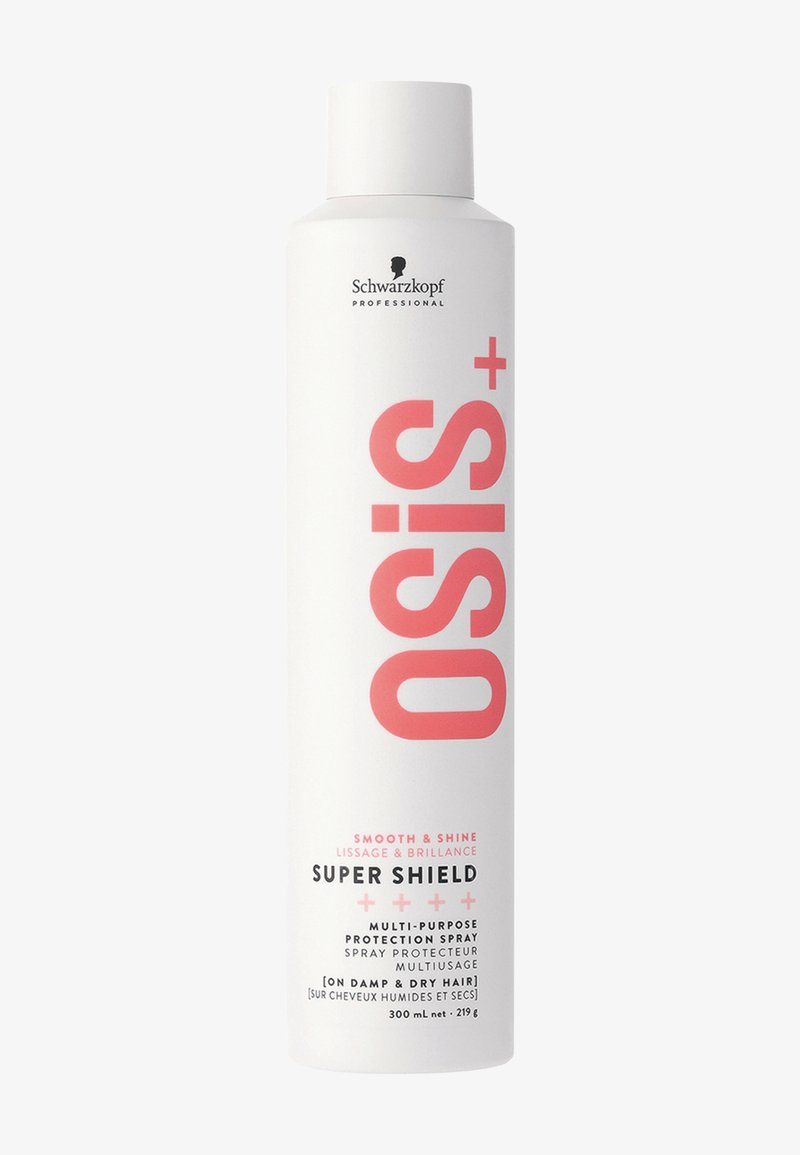 Witte sprayfles met roze tekst. Heeft labels met "OSIS+" en "SUPER SHIELD". Inhoud: 300 mL, biedt veelzijdige bescherming.