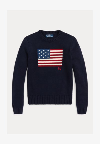 Navy knitted sweater featuring a textured American flag design in red, white, and blue. Ribbed cuffs and hem, with "RL" logo near the hem.