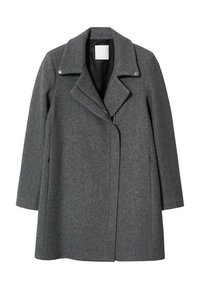 Abrigo de mezcla de lana gris oscuro con solapas anchas, mangas largas, cremallera frontal y detalles de collar con botones de presión, presentado sobre un fondo blanco.