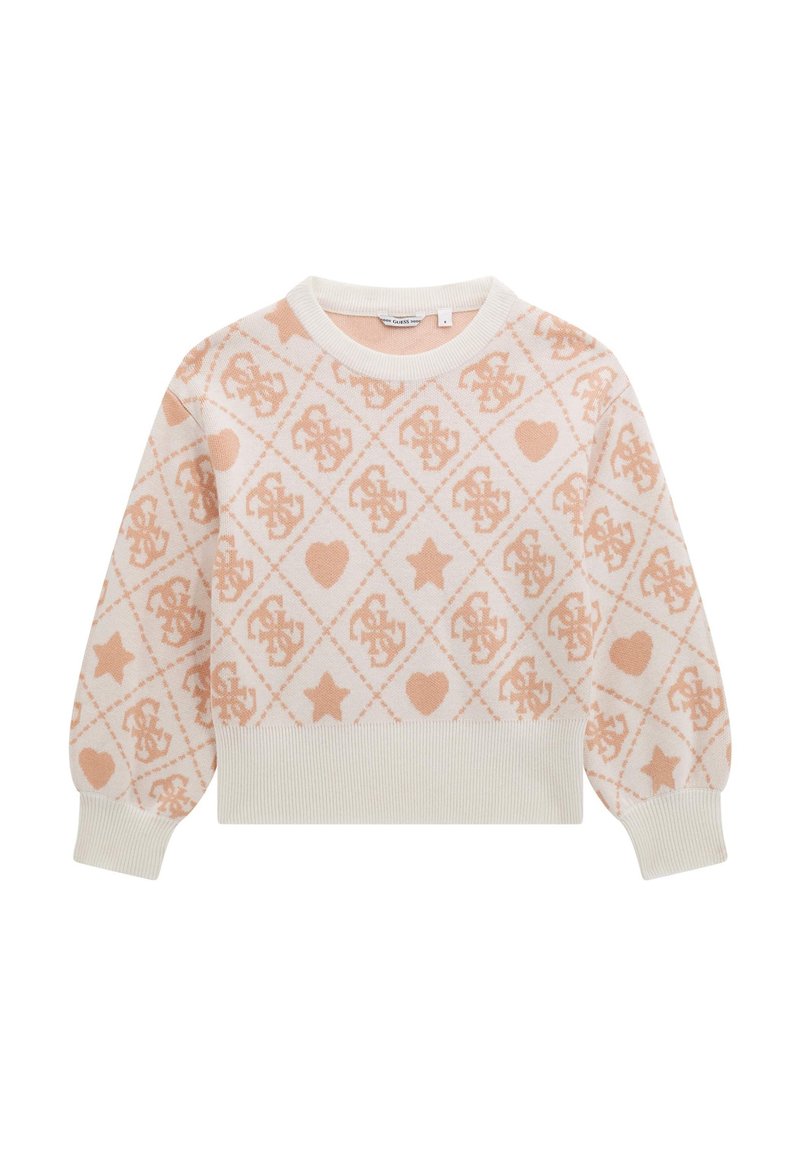 Pulover tricotat crem cu un model geometric în piersică deschisă, având inimi, stele și logo-uri, cu manșete și tiv dintr-un material elastic.