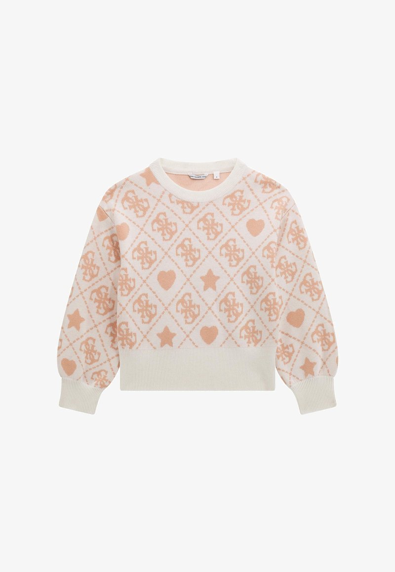Virkat tröja i krämfärg med ett geometriskt mönster i ljus persika, med hjärtan, stjärnor och logotyper, samt ribbade ärmslut och nederkant.