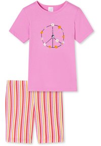 T-shirt en coton rose avec un signe de paix et un motif floral, associé à un short rayé aux teintes rose, jaune et rouge. Confortable et décontracté.