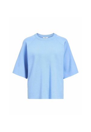 Blå kortärmad sweatshirt med rund halsringning och raglanärmar. Tillverkad av lättviktsmaterial, med en mjuk textur och avslappnad passform.