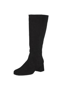 Bottes noires en suède au-dessus du genou avec un talon large. Texture lisse avec un bout effilé et un minimum de détails d'accent.