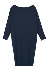 Granatowa, luźna sukienka z długimi rękawami i szerokim dekoltem, wykonana z miękkiego materiału o gładkiej teksturze, bez wzorów.