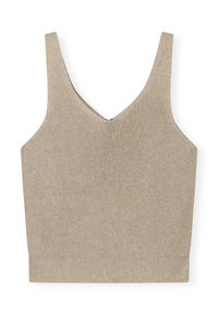 Top court en maille beige à col en V, bretelles larges et ourlet côtelé ajusté. Présente un tissu texturé avec une apparence douce.