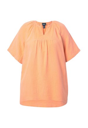 Kortærmet orange bluse med en afslappet pasform, V-hals og tekstureret stof. Har samlede detaljer ved skuldrene og brystet.