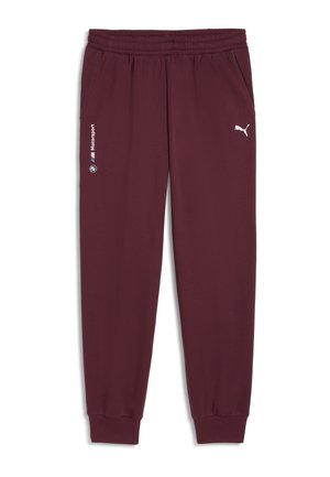 Bordeauxfarvede sweatpants lavet af blødt stof, med en elastisk talje, sidelommer og hvide Puma- og BMW Motorsport-logoer.