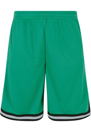 Grüne Sportshorts aus Netzstoff, mit leichtem Material, elastischem Bund und schwarzen sowie weißen Streifen am Saum.