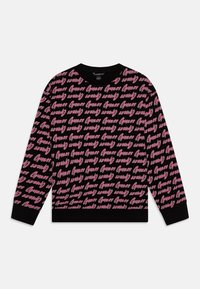 Sudadera negra con marca rosa en un guion repetido, con mangas largas y cuello acanalado. Tejido ligero y suave.