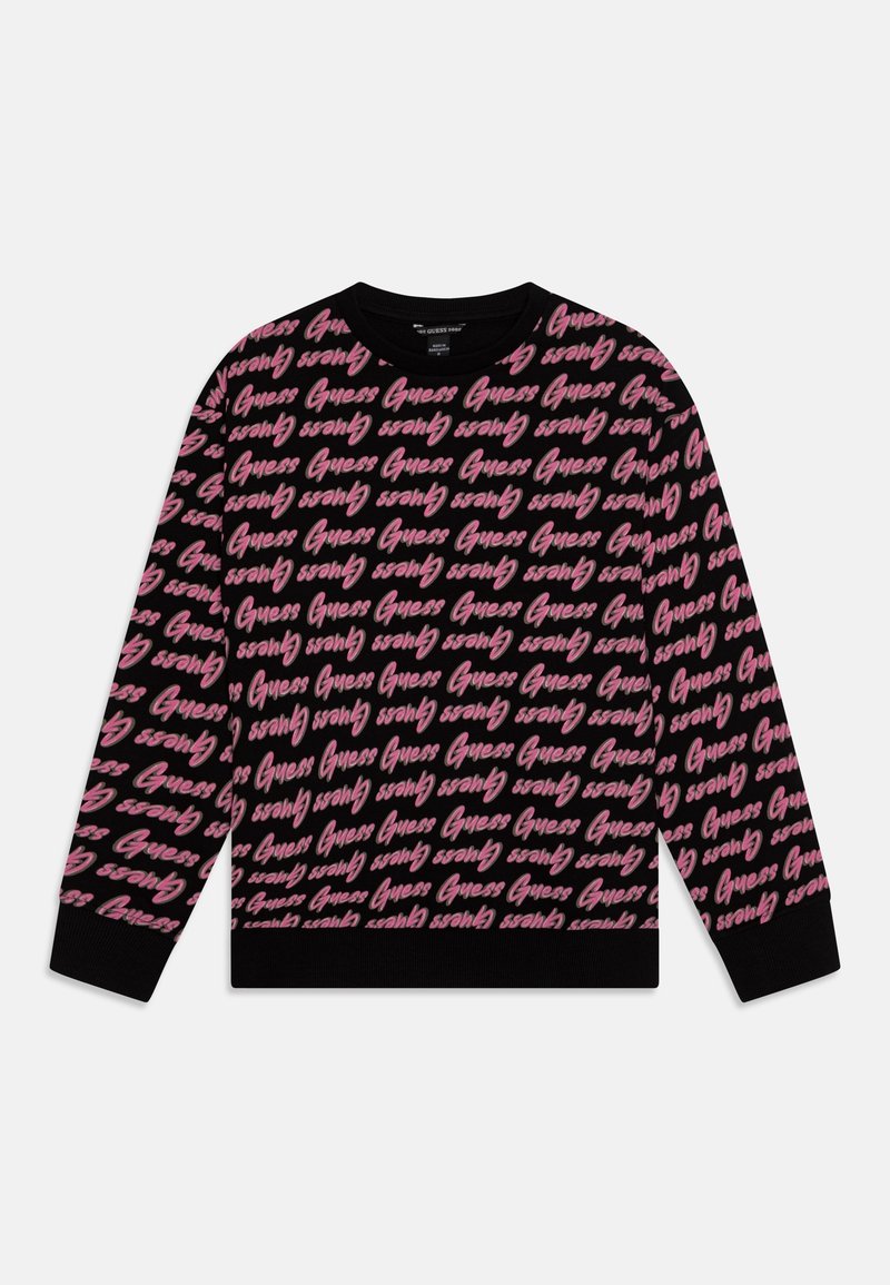 Sudadera negra con marca rosa en un guion repetido, con mangas largas y cuello acanalado. Tejido ligero y suave.