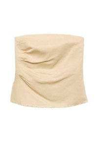 Haut beige sans bretelles avec un design froncé et un ourlet brut. Confectionné dans un tissu lisse à la texture douce, idéal pour le superposer.