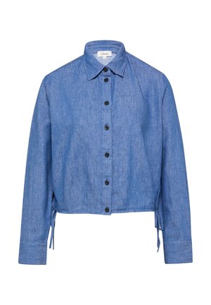 Niebieska długa koszula z denimu z czarnymi guzikami, kołnierzykiem i troczkami po bokach umożliwiającymi regulację dopasowania, zapinana na guziki z przodu.
