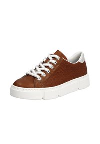 Brown textured leather sneaker with white sole, featuring round toe, flat white laces, and subtle embossed patterns on the side.