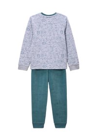 Haut gris à manches longues avec des imprimés animaliers, associé à un pantalon en polaire teal. Le haut a un col rond et des poignets côtelés ; le pantalon possède une taille élastique.
