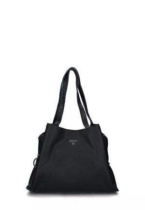 Zwarte leren tote bag met een gestructureerde afwerking, dubbele schouderbanden en een minimalistisch ontwerp. Beschikt over een klein logo op het midden van de voorkant.