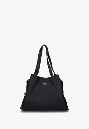 Schwarze Leder-Totebag mit strukturiertem Finish, doppelten Schulterriemen und minimalistischer Gestaltung. Hat ein kleines Logo an der Vorderseite in der Mitte.