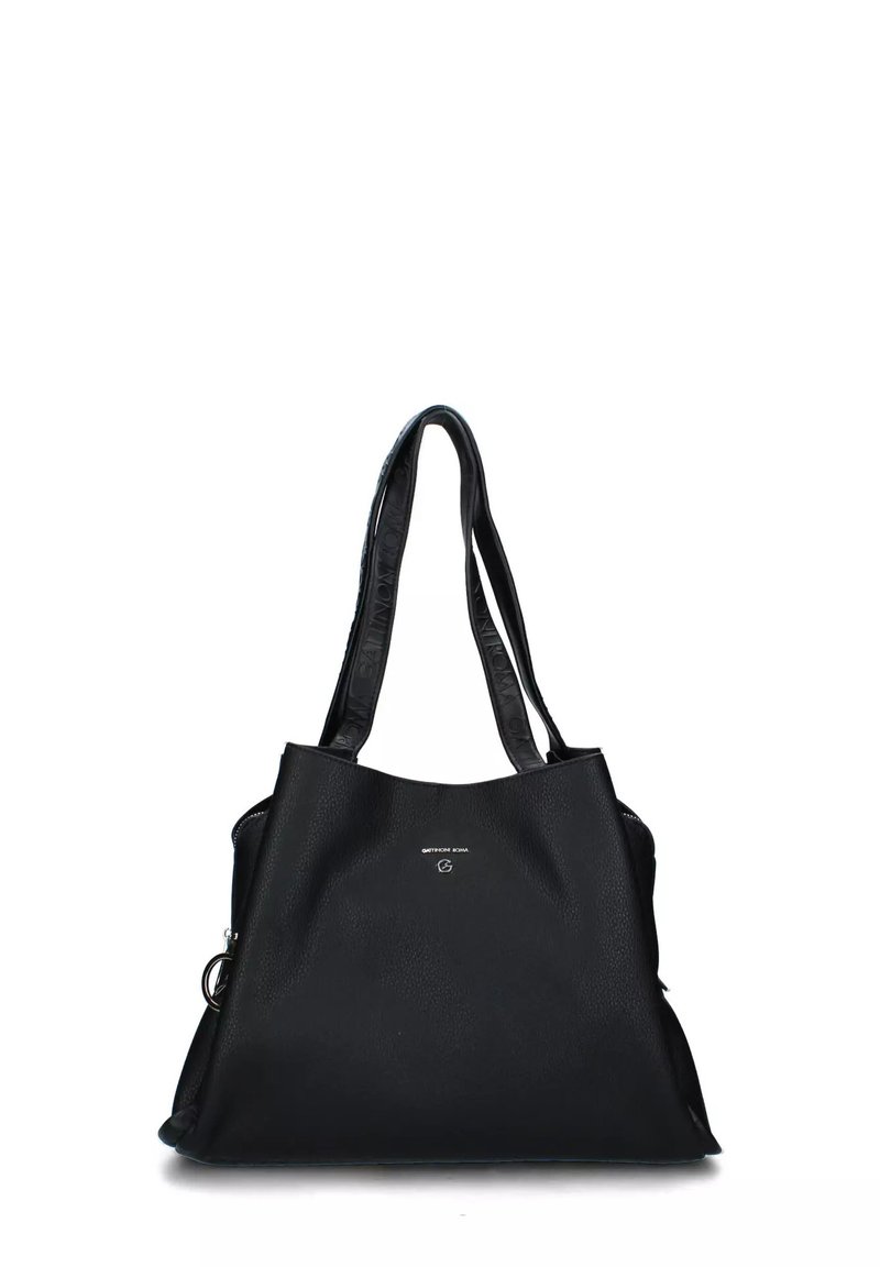 Borsa a spalla in pelle nera con finitura texturizzata, doppi manici e design minimalista. Presenta un piccolo logo al centro anteriore.