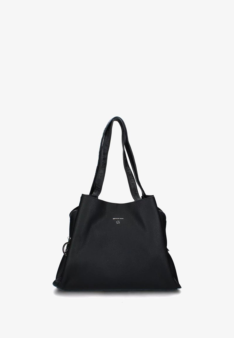 Borsa a spalla in pelle nera con finitura texturizzata, doppi manici e design minimalista. Presenta un piccolo logo al centro anteriore.