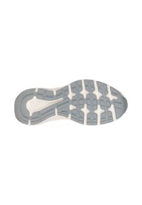 Suela de zapato con una base de goma gris texturizada y acolchado blanco, presentando un diseño de banda de rodadura con patrón y una ranura central para flexibilidad.