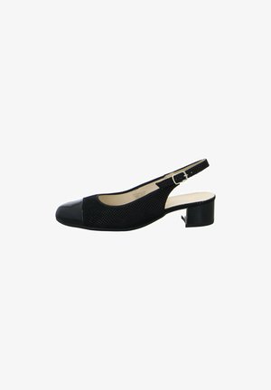 Scarpa slingback nera con upper in tessuto perforato e punta lucida nera. Presenta un tacco basso a blocco e una cinghietta regolabile alla caviglia.