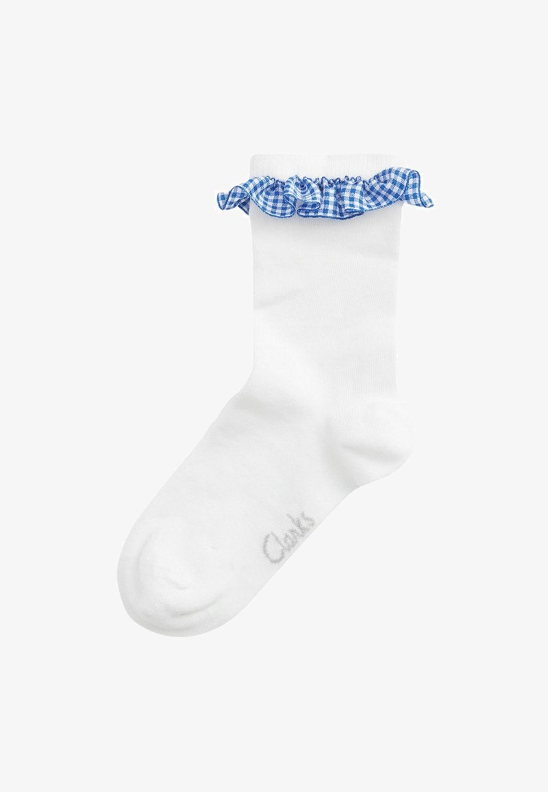 Calcetín blanco con un puño rizado a cuadros azules; material de algodón suave; presenta una puntera y un tobillo reforzados para mayor durabilidad. Logo de Clarks en la suela.