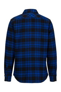 Karierte Hemdjacke in schwarz und blau, mit Kragen, langen Ärmeln und abgerundetem Saum. Hergestellt aus einem weichen, strukturierten Stoff.