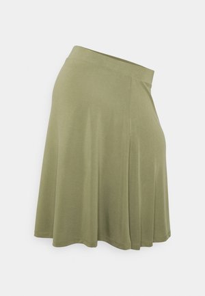 Olijfgroene rok van zachte stof, met een uitlopende ontwerp, gladde textuur en een elastische tailleband. Geen zichtbare patronen of accenten.