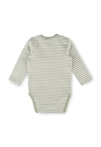 Baby-Strampler mit langen Ärmeln, horizontalen, hellgrünen und weißen Streifen, Rundhalsausschnitt und Druckknöpfen am unteren Ende.