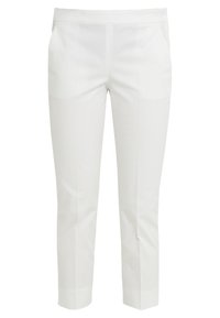 White tailored straight-leg pants with front creases and cuffs, featuring a flat waistband and side pockets.