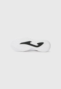 White athletic shoe sole with textured rubber, featuring a black wave-shaped accent. Patterned tread for grip and stability.