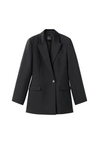 Crni sako od glatke tkanine, s ovratnikom u obliku slova V, zatvaranjem na jedan gumb i dva bočna džepa. Uređen kroj s dugim rukavima.