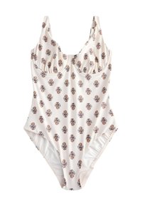 Einteiliger Badeanzug in hellem Creme mit kleinen Blumenmustern in Orange und Blau. Verfügt über einen runden Ausschnitt und geraffte Details an der Brust.