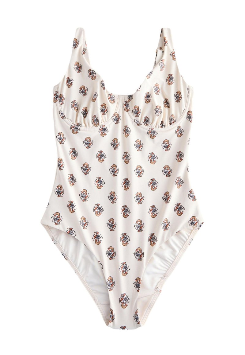 Einteiliger Badeanzug in hellem Creme mit kleinen Blumenmustern in Orange und Blau. Verfügt über einen runden Ausschnitt und geraffte Details an der Brust.