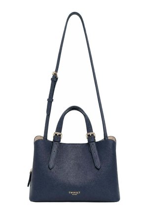 Borsa in pelle blu navy con doppi manici superiori, tracolla lunga regolabile e logo Twinset Milano dorato sul davanti.