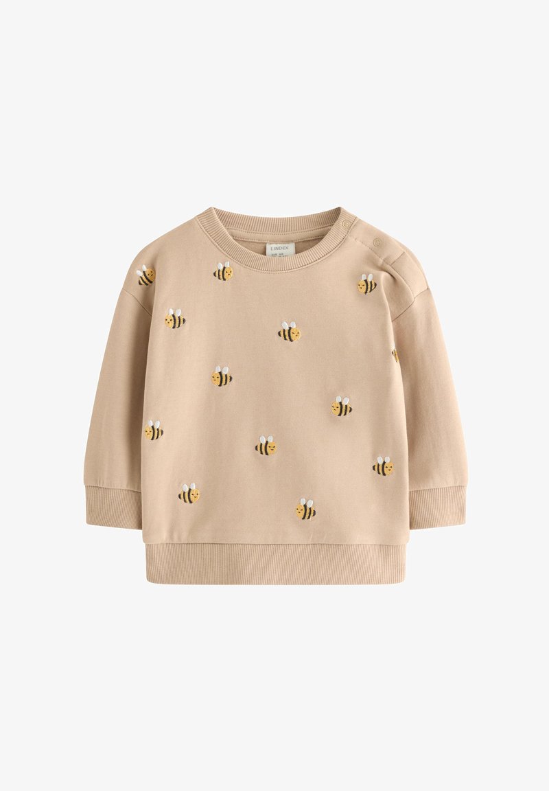 Sweat-shirt beige en coton, orné d'abeilles jaunes brodées avec des rayures noires et des ailes blanches, col rond et poignets côtelés.