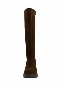 Brown suede knee-high boot with a sleek design, featuring a rounded toe, minimal stitching, and a side zipper detail. Flat rubber sole.