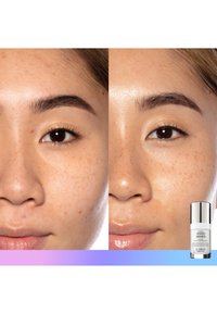 Før og efter billeder af hud, der fremhæver forbedret tekstur og reducerede urenheder. En flaske "Good Genes" serum vises nederst.