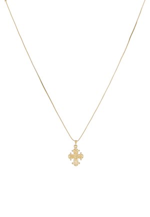 Õrn kuldse ketiga kaelakee, millel on rikkaliku filigraani ja kaunistustega kaunistatud kuldne risti ripats.