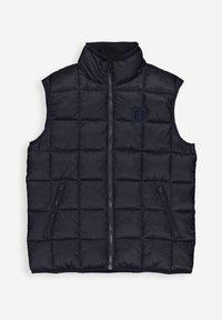 Marinefarbener Steppweste mit hohem Kragen, horizontalem Steppmuster, Reißverschluss vorne und zwei seitlichen Reißverschlusstaschen.