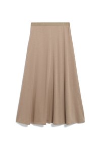 Beige flared skirt made of soft fabric, featuring an elastic waistband with subtle branding. Floor-length with a smooth texture and no patterns.