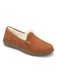 Brown suede slipper with fuzzy white lining, slip-on design, rounded toe, and a rubber outsole. Features a decorative side accent.