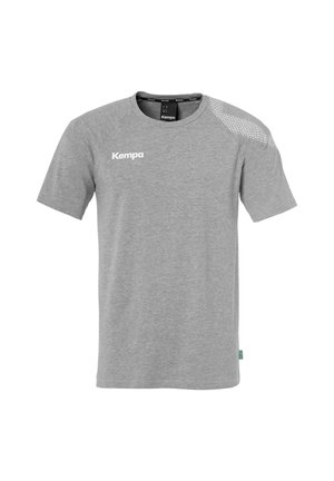 Grijze T-shirt met korte mouwen van zachte stof, met een ronde hals en een gaasontwerp op één schouder, inclusief een wit "Kempa" logo.