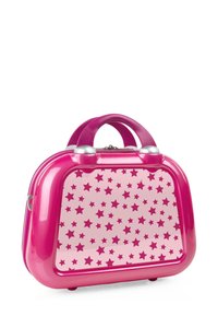 Bolso rígido rosa con patrón de estrellas en un tono rosa más oscuro, forma redondeada y doble asa en la parte superior.