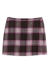 Plaid fabric skirt featuring a dark brown base with pink, gray, and white intersecting patterns. Designed with a straight-cut shape and waist button.