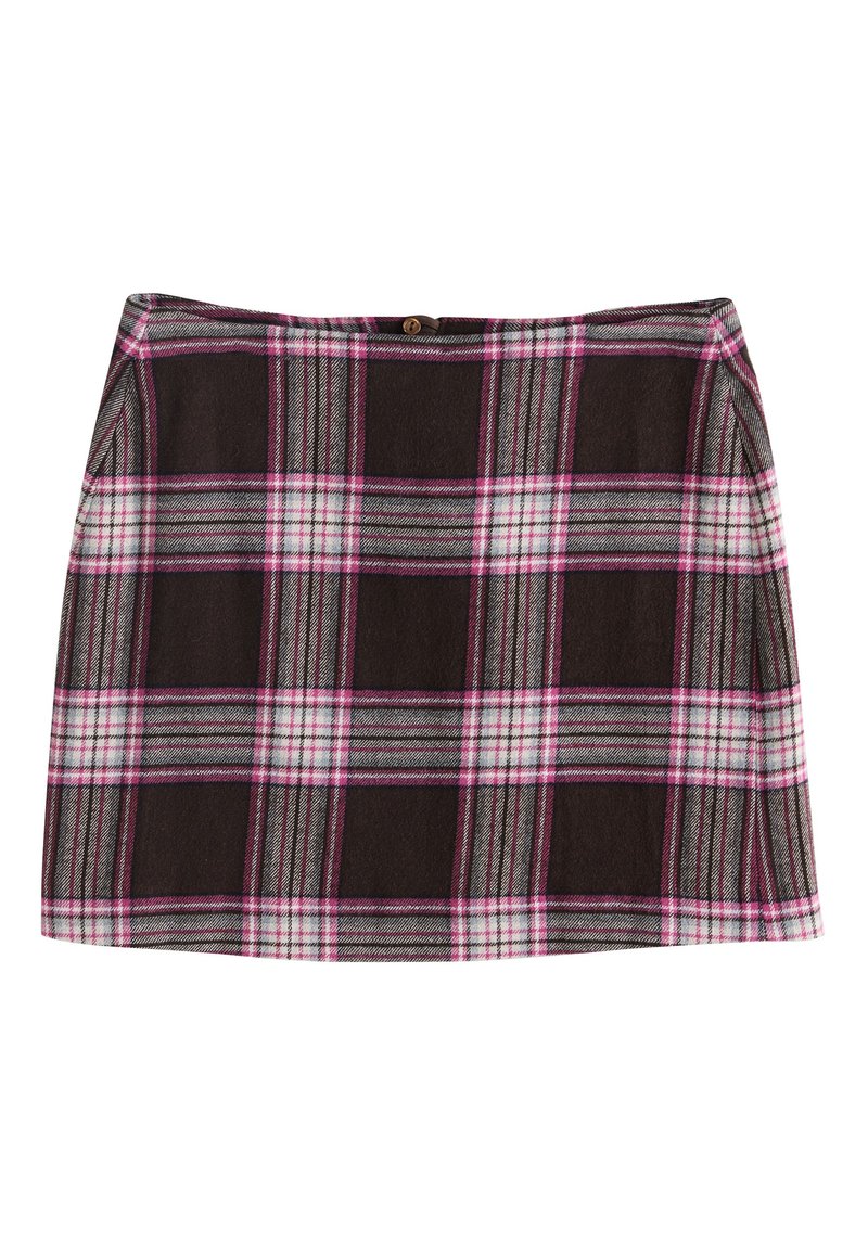 Plaid fabric skirt featuring a dark brown base with pink, gray, and white intersecting patterns. Designed with a straight-cut shape and waist button.