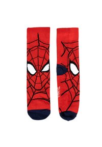 Calze rosse con design di Spider-Man, motivo a ragnatela nera, occhi bianchi e accenti blu navy sulla punta. Materiale misto cotone.
