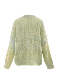 Maglione a maglia leggera verde chiaro con maniche lunghe, polsini e orlo a coste, caratterizzato da un motivo tessuto su tutta la stoffa. Vista posteriore.