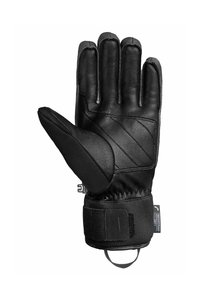 Schwarzer Lederhandschuh mit strukturierten Oberflächen, der ein design mit fünf Fingern und einer Daumenklappe aufweist. Verfügt über einen Klettverschluss am Handgelenk.